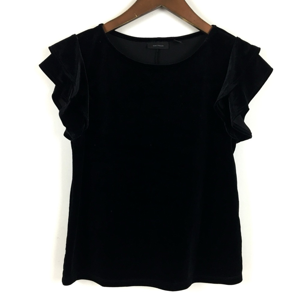 Halogen Womens Top Small Black Velvet Velour Flutter Sleeve